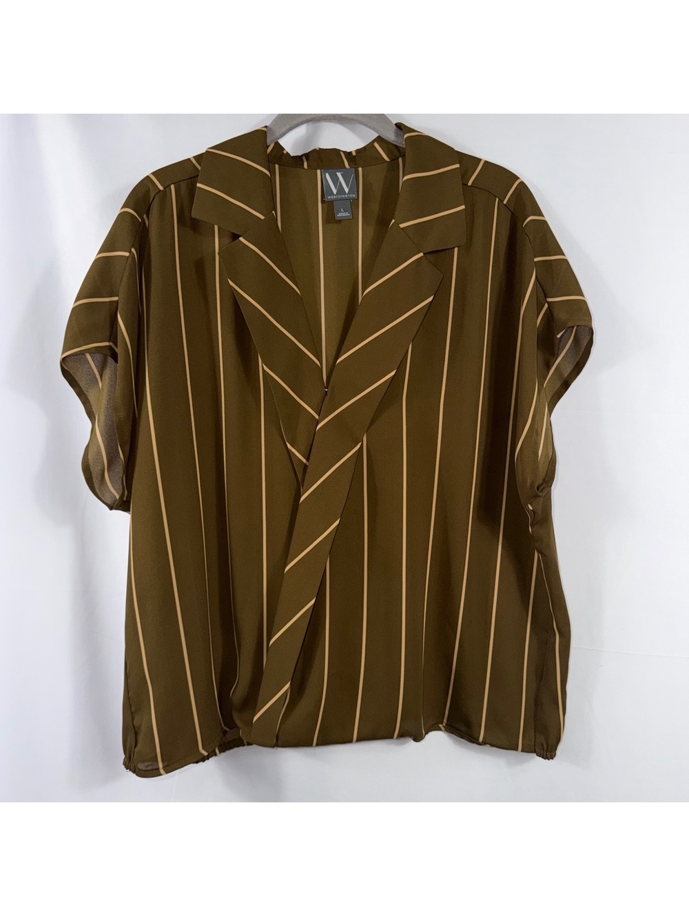 Worthington Striped Surplice Blouse Olive Tan Size L